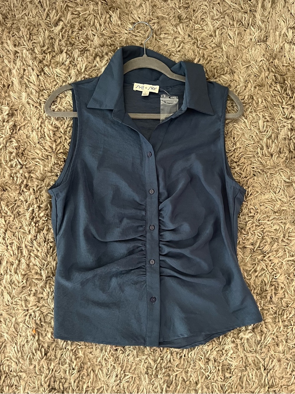 She + Sky Sleeveless Navy Ruched Button-Front Top